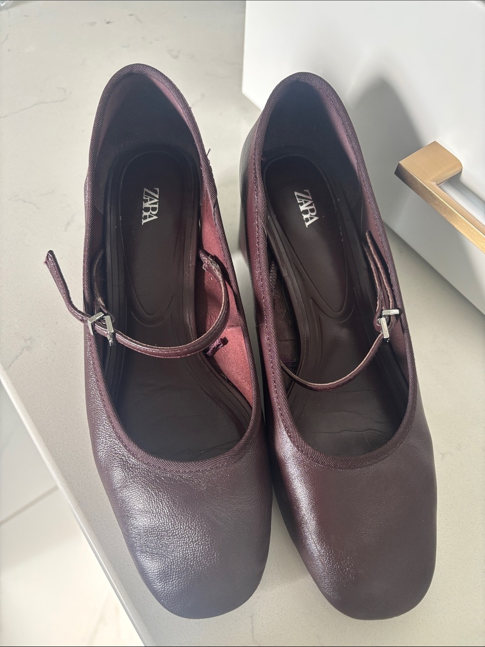 Zara Burgundy Leather Mary Jane Heels with Strap